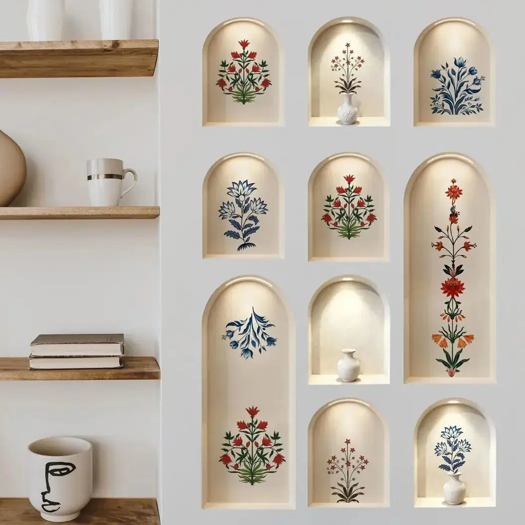 

1set/10pcs Modern Flowers Palm Tree 2d Arched Niche Design Wall Sticker Vinyl Decal For Bedroom Living Room Entryway Home Decor