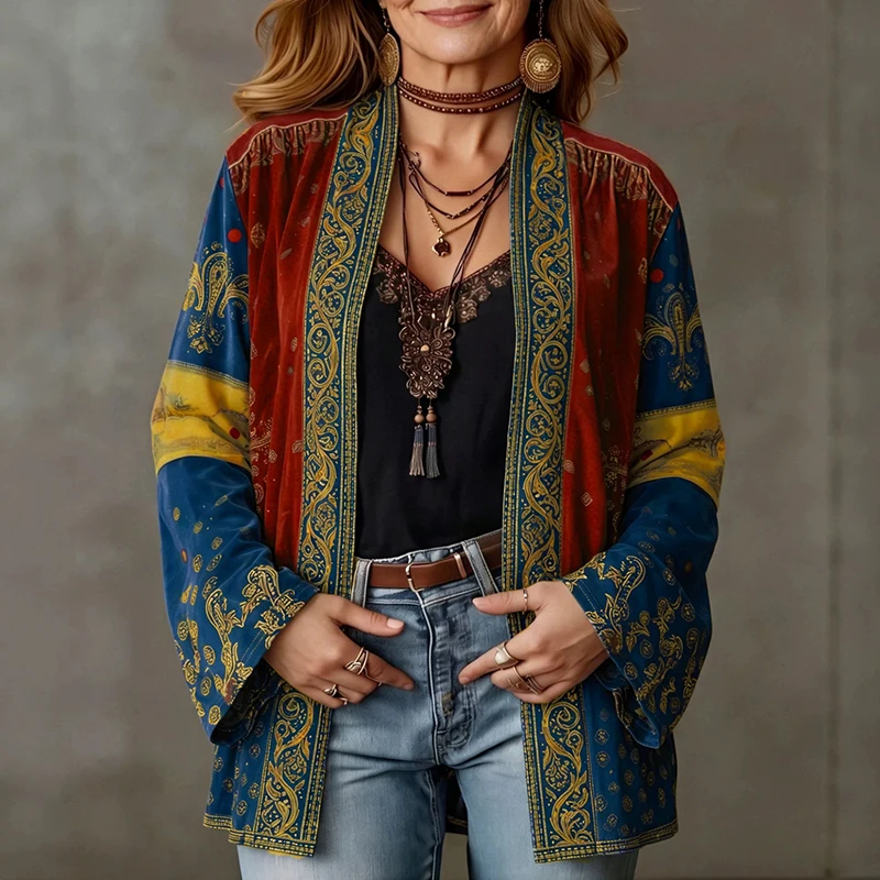 Autumn Retro Loose Outerwear Coat Mujer Women Boho Ethnic Print Open Front Kimono Cardigans Long Flare Sleeve Vintage Top Jacket