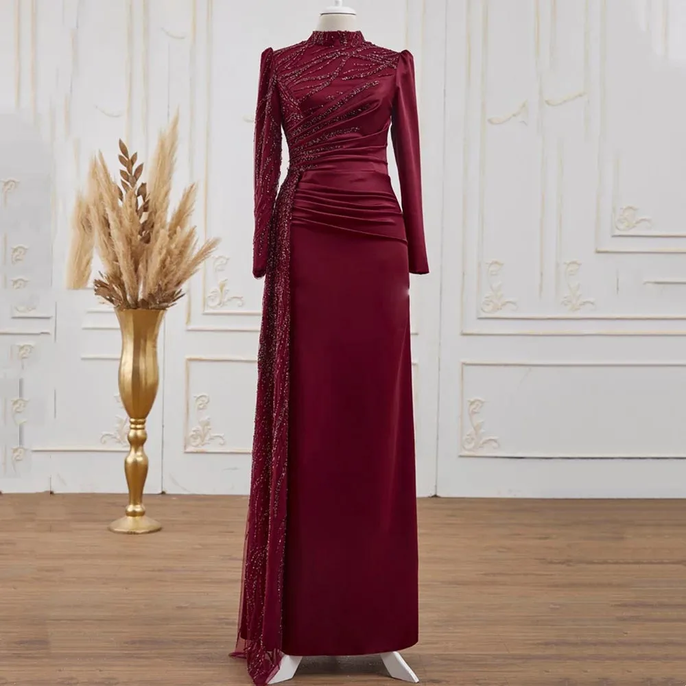 

Customized Burgundy Long Sleeve Prom Dresses 2024 Modest High Neck Evening Dress Sequins Vestidos De Fiesta Elegantes Para Mujer