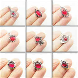 New Retro Oval Eye Palm Flower Charms Antiqued Silver Plated Red Glaze Pendants For Gifts Jewelry