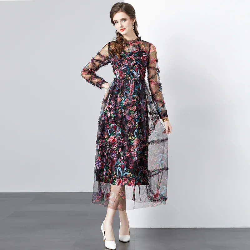 

New Elegant Printed Splicing Mesh Dresses Spring Women Round Neck Long Sleeves Dress Autumn High Waist Zipper Knee Length Dress