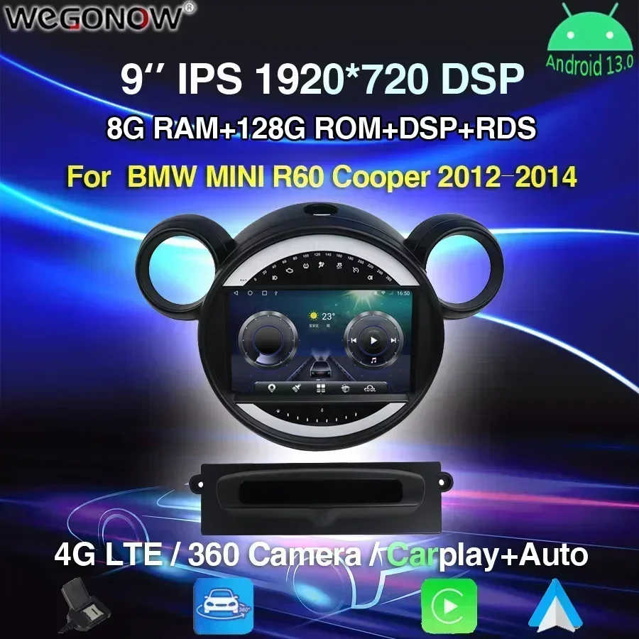 

For BMW MINI R60 Cooper 2012-2014 1920*720 360 Android 13.0 8GB+256GB 8Core Car DVD Player GPS map WIFI Bluetooth 5.0 RDS Radio