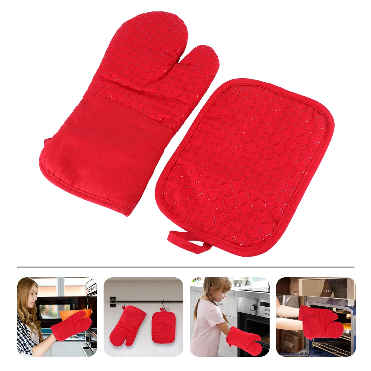 

1 Oven Mitt 1 Pot Holder Heat Resistant Kitchen Accessories Cotton Cloth Easy Clean Protect Wrist Arm Hot Food Microwave