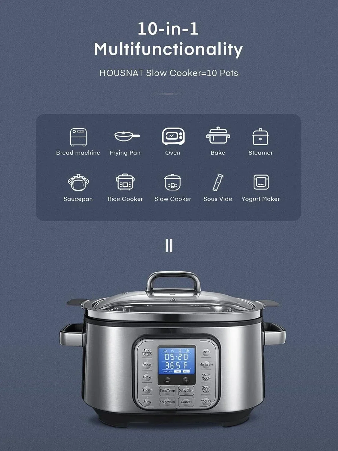 10 in 1 Programmable Slow Cooker 6QT 304 Stainless Steel Inner Pot, Multi-Cooker with Rice, Yogurt, Sauté, Steam, Delay Start