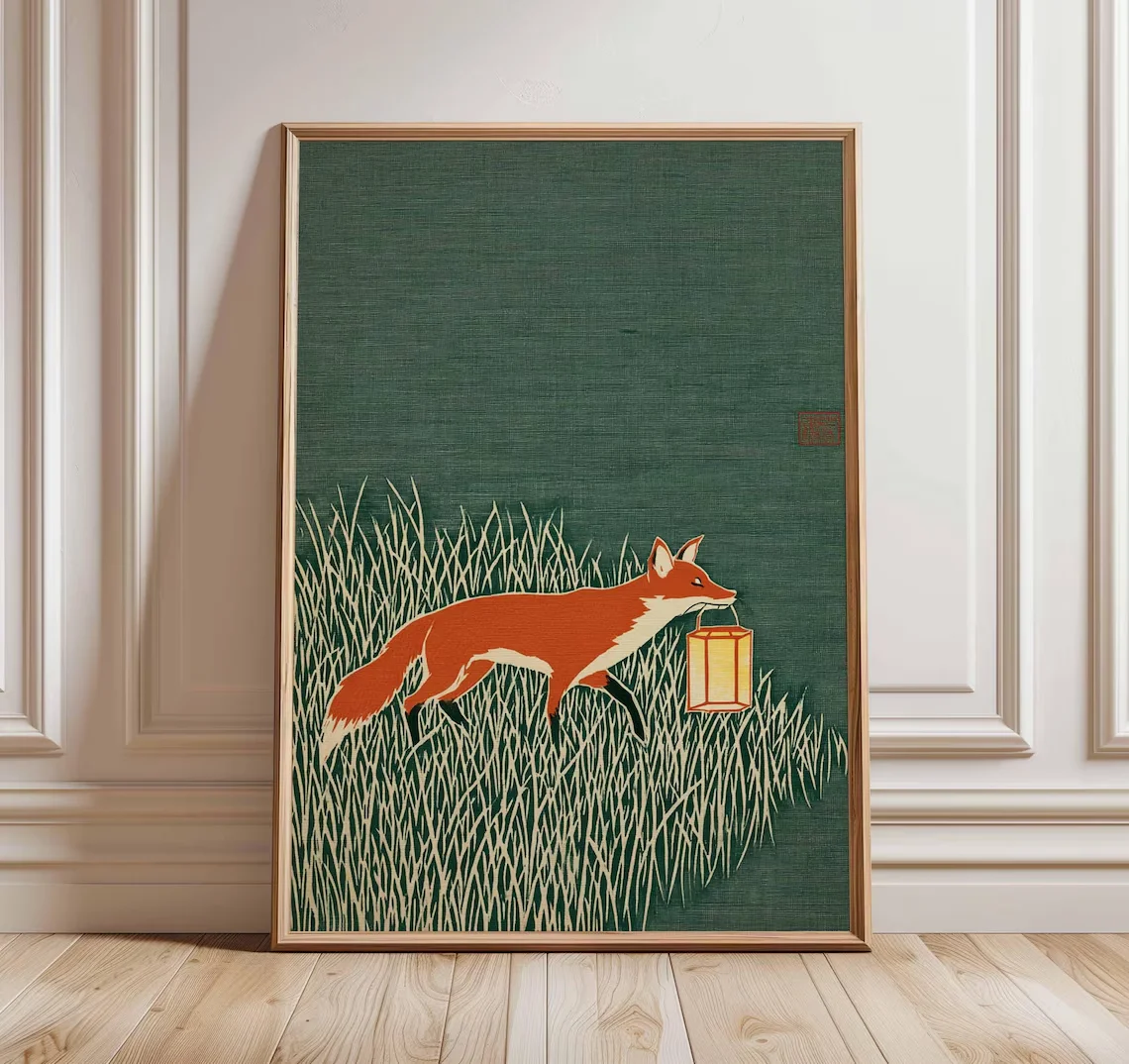 Fox Art Print, Japanese Style Animal Poster, Minimalist Nature Wall Art, Modern Woodland Illustration, Rustic Green Home Decor