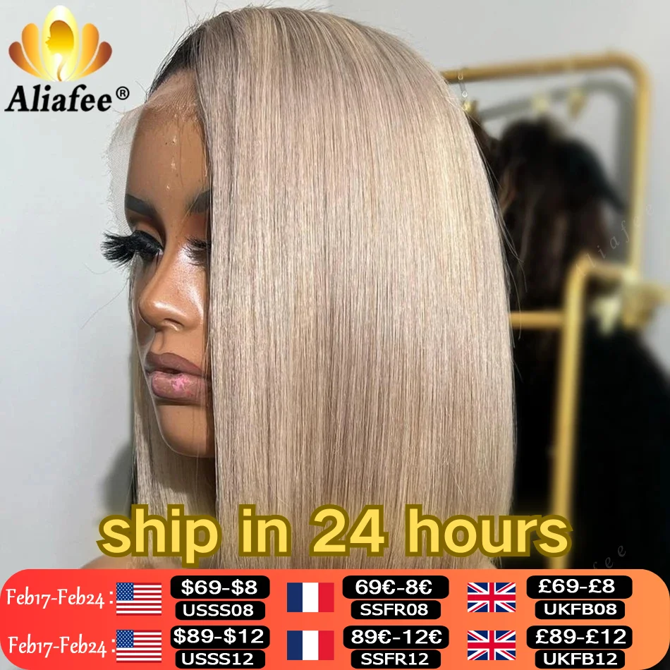 アッシュブロンドカラー透明 180% 密度フル 13 × 4 レース前頭かつら人毛ブロンドショートボブ人毛ウィッグ女性のための