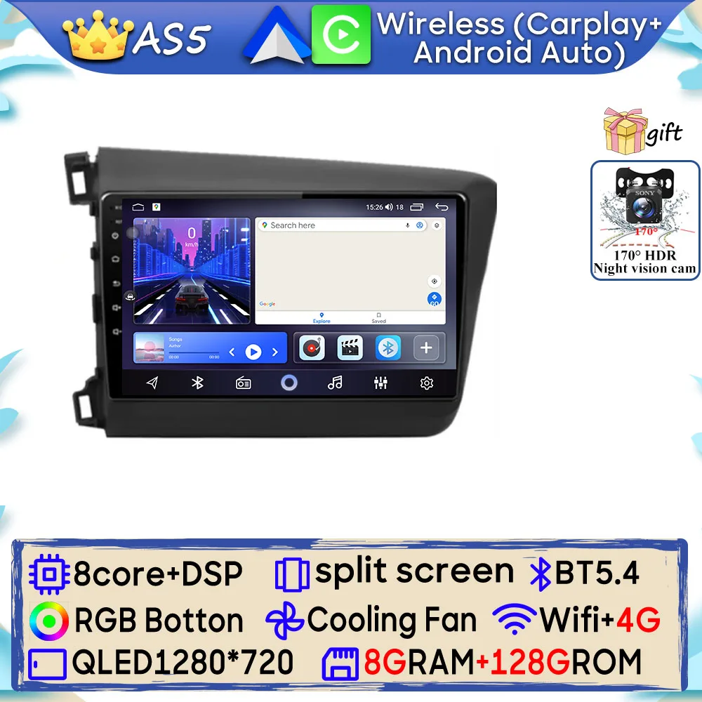 Android 15 Autoradio Voor Honda Civic 9 2012 2013 2014 2015 GPS Navigatie Android Auto Carplay Wifi Scherm 2 K Stereo Geen 2din DVD