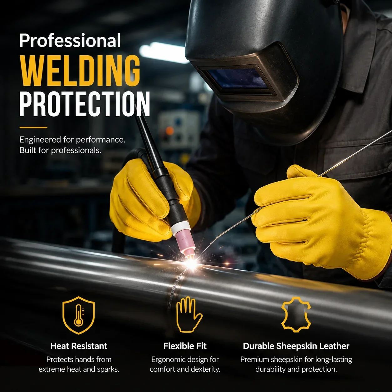 Sheepskin TIG Welding Gloves, Premium Leather Work Gloves with Long Cuff for Welders Heat Protection