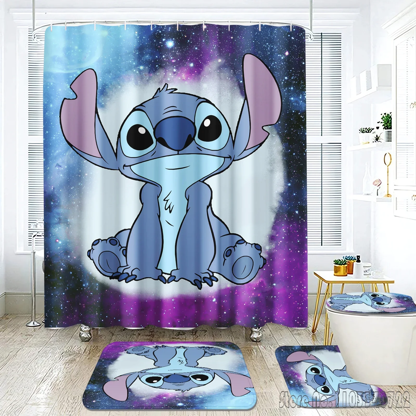 Stitch Cartoon Anime Alien Baby Bath Shower Curtain Set 4pcs with Hooks Waterproof Bathroom Toilet Mat Lid Decor