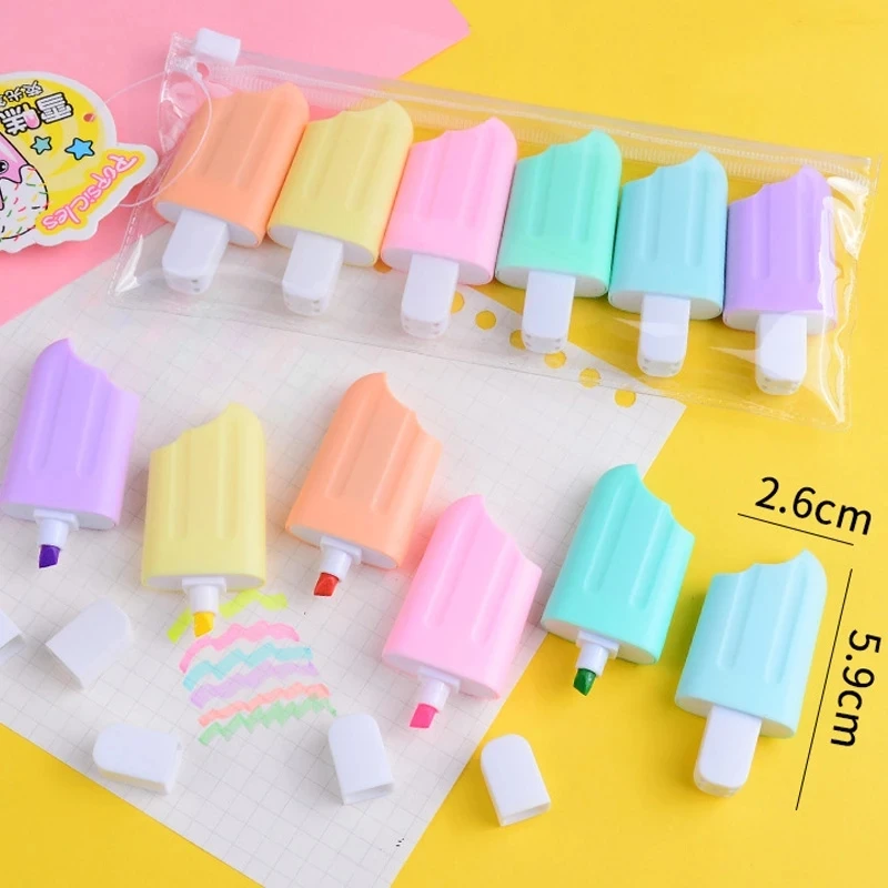 6pcs Creative Mini Cat Paw Ice Cream Highlighter Student Art Painting Graffiti Marker Pen School Gift Kawaii Stationery Supplies