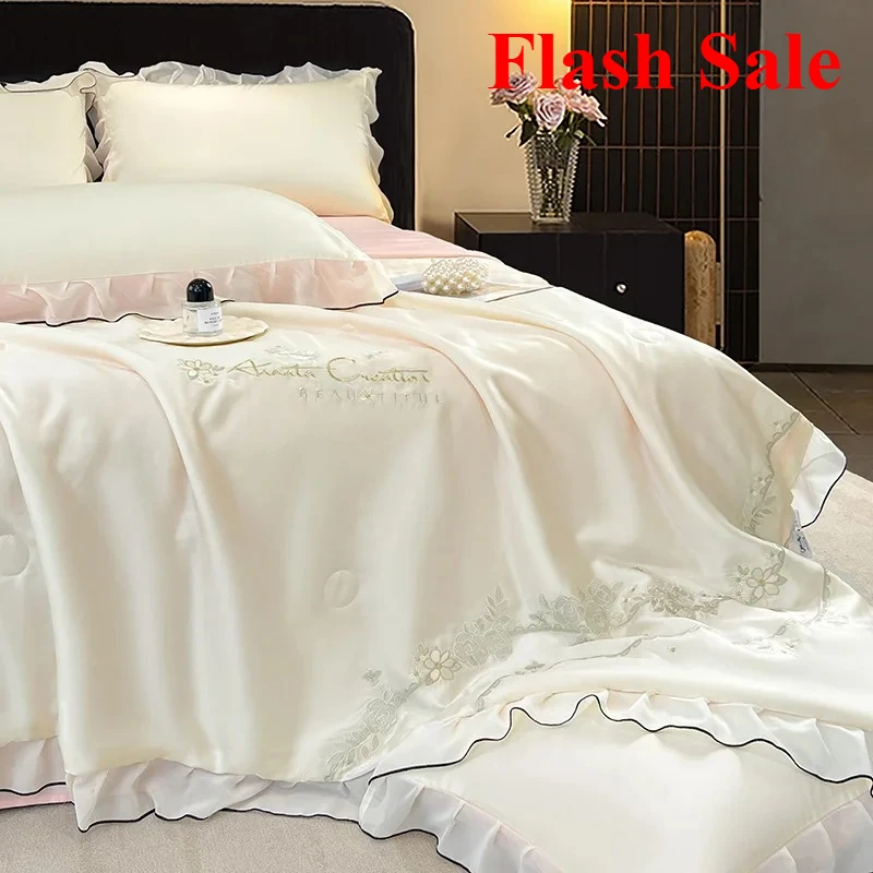 

2025 New Washed Silk Lace Summer Quilt 4-piece Dormitory Xia Liang Quilt Sheet Pillowcase 3-piece Set - Huayun Lace