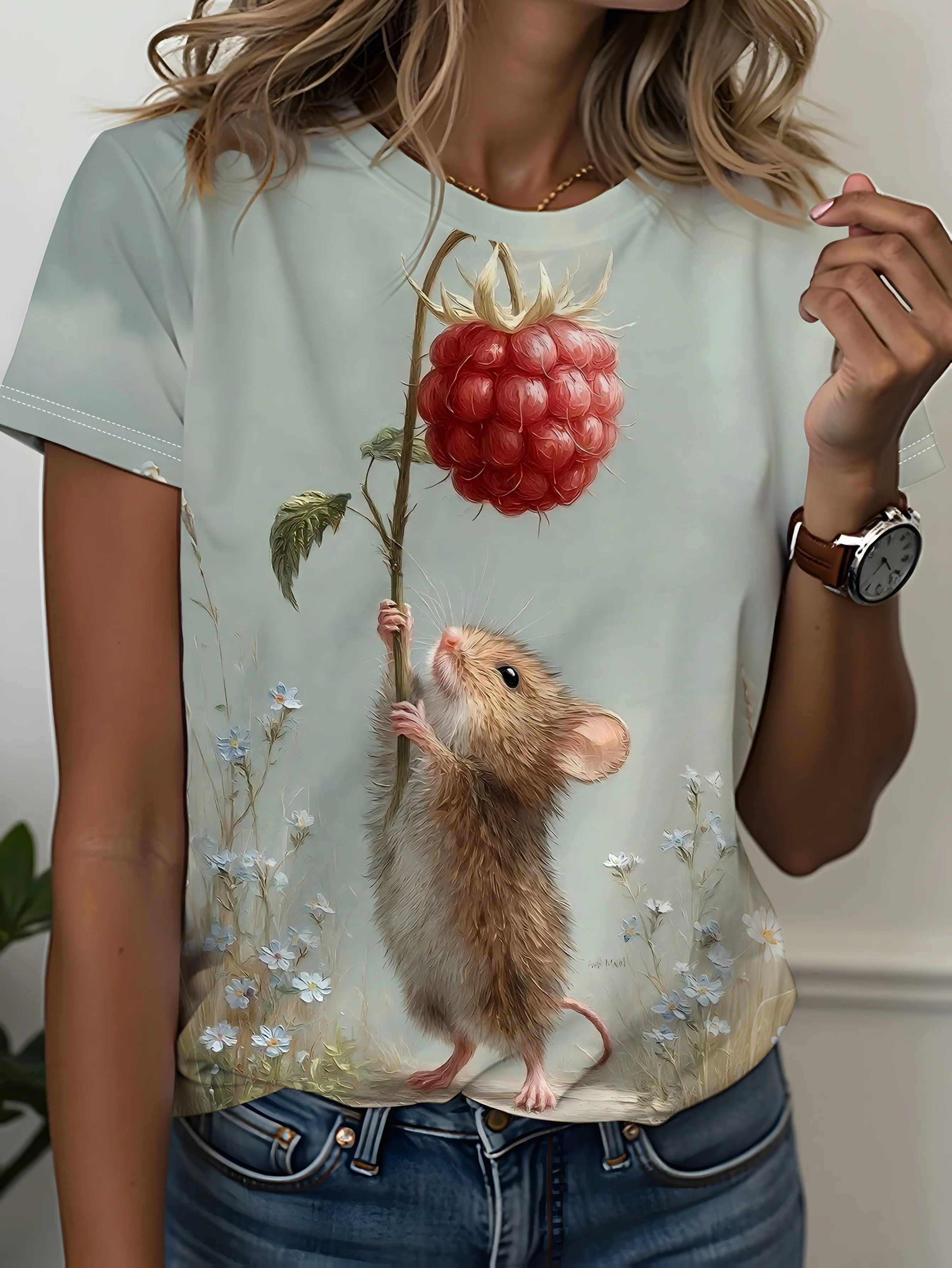 Women T‑shirt Short Sleeve Cute Field Mouse Reaching Fruit Floral Art Graphic Print O‑neck Casual Daily Summer Fashion Tee Top