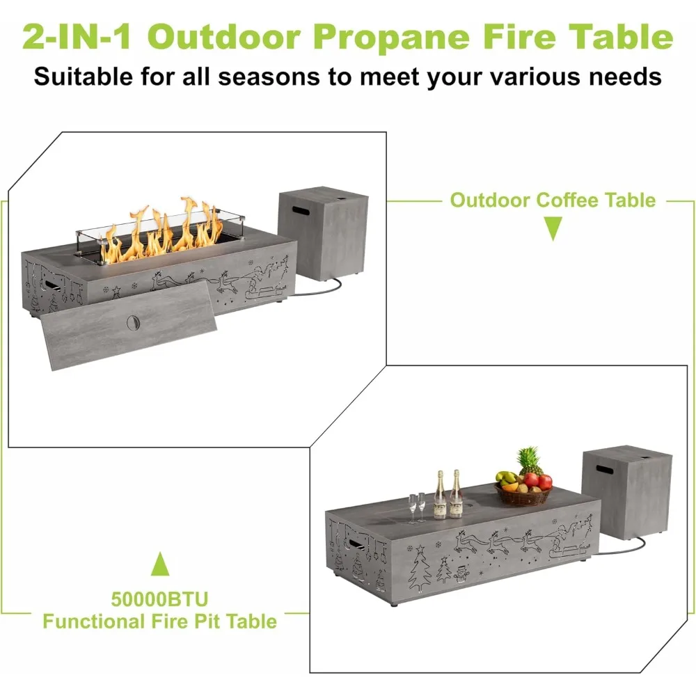 42 طاولة حفرة نار من البروبان مع زخرفة مقطوعة لعيد الميلاد وأضواء RGB - بقدرة 5000 وحدة حرارية بريطانية مع زجاج واقي من الرياح وغطاء وصخور وCov #4