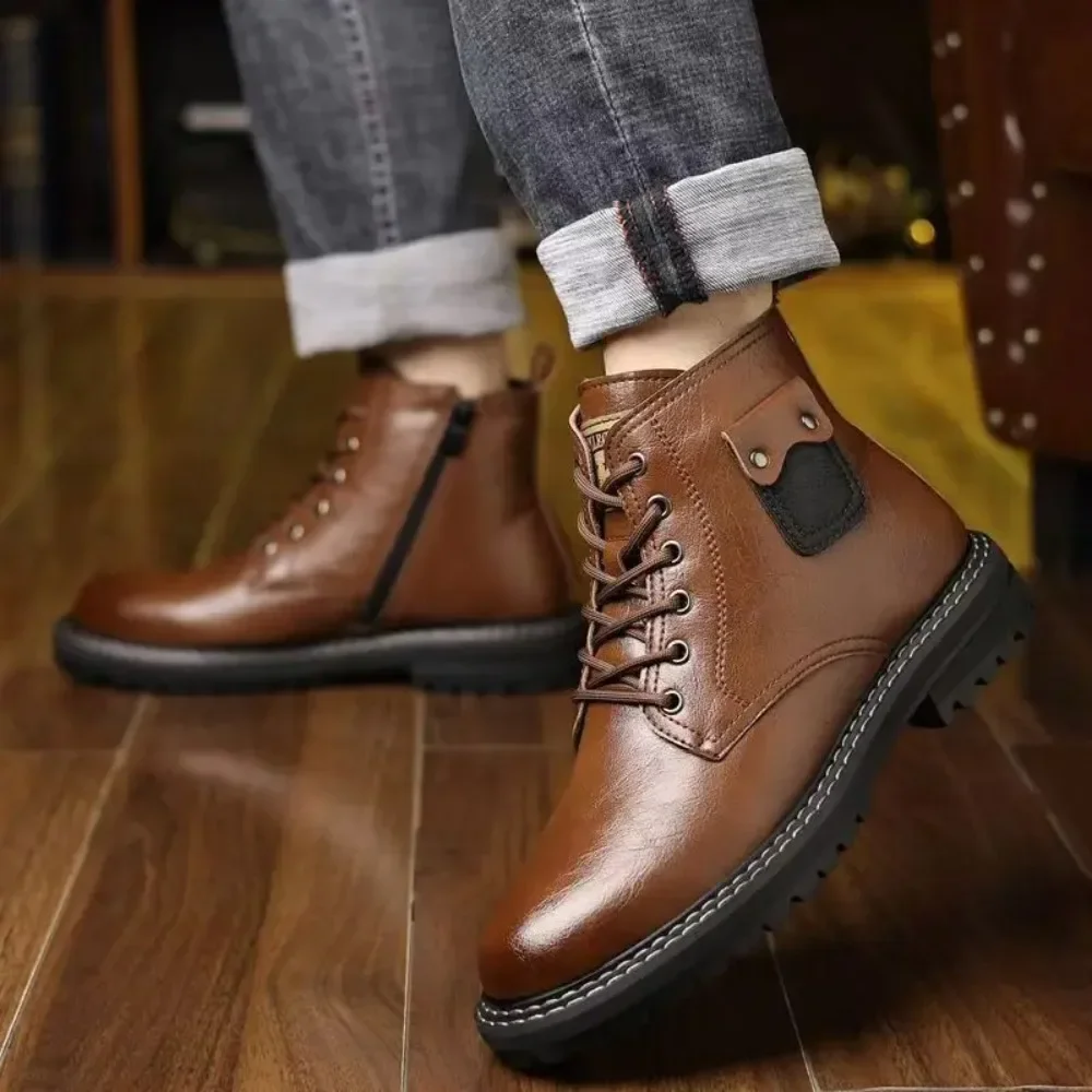 

Men's Winter New Leather High Top Cotton Boots Thick Sole Non Slip Round Toe Lace Up Waterproof Plush Warm Work Boots Snow Boots