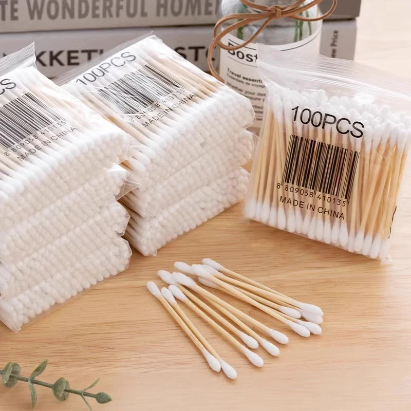 100Pcs Cotton Swab Wooden Cotton Sticks Double-Tipped Cotton Cotton Swab Bud Chlorine-Free Hypoallergenic Makeup Tools