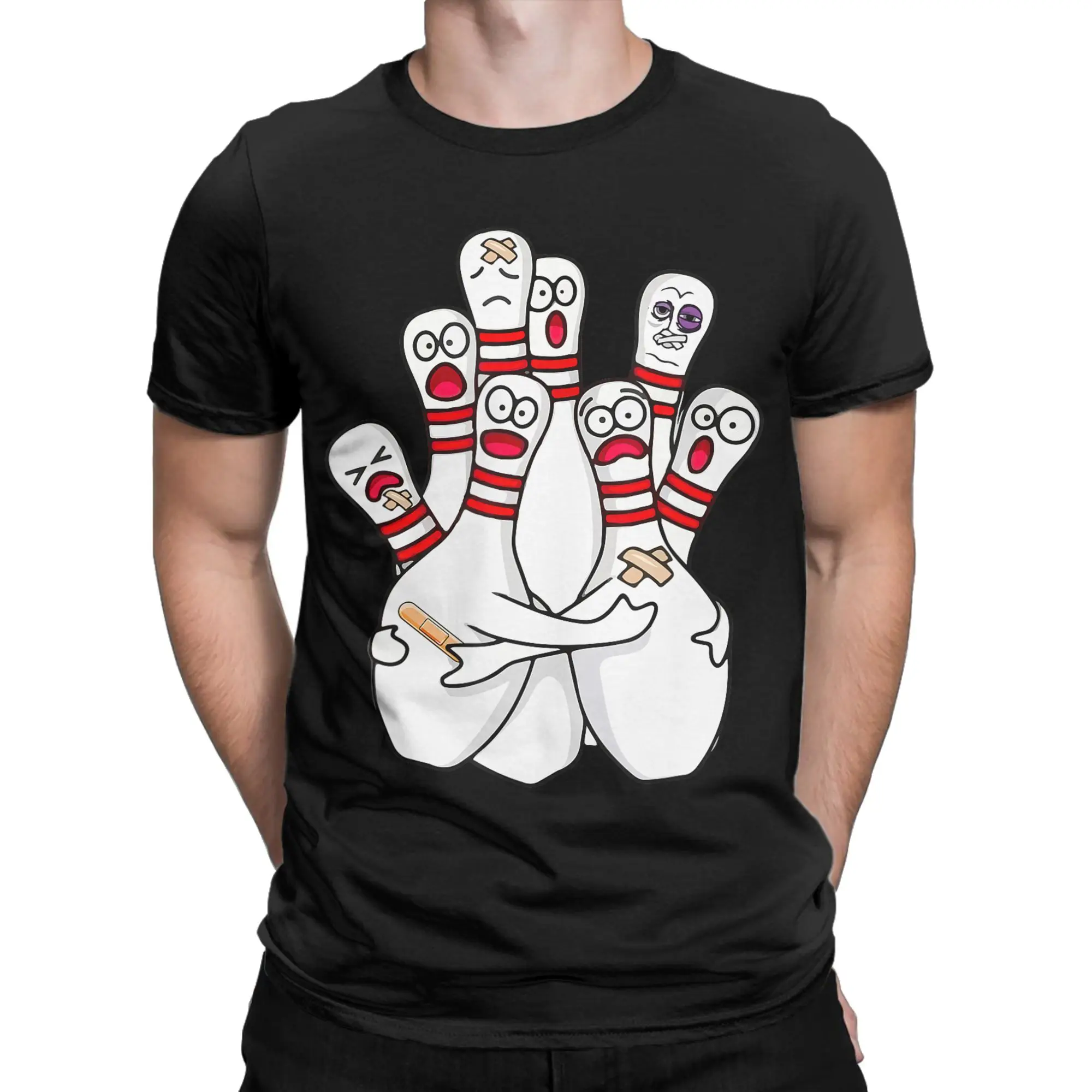 Cartoon Bowling Scared Bowling Pins Funny Sport Bowler T-Shirt Summer  Vintage T Shirts 100% Cotton Harajuku Tshirt For Men Tees
