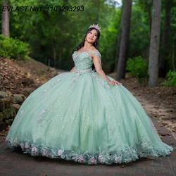 EVLAST Customized Shiny Mint Green Quinceanera Dress Ball Gown 3D Floral Applique Beading Sweet 16 Vestido De 15 Anos E1Q126