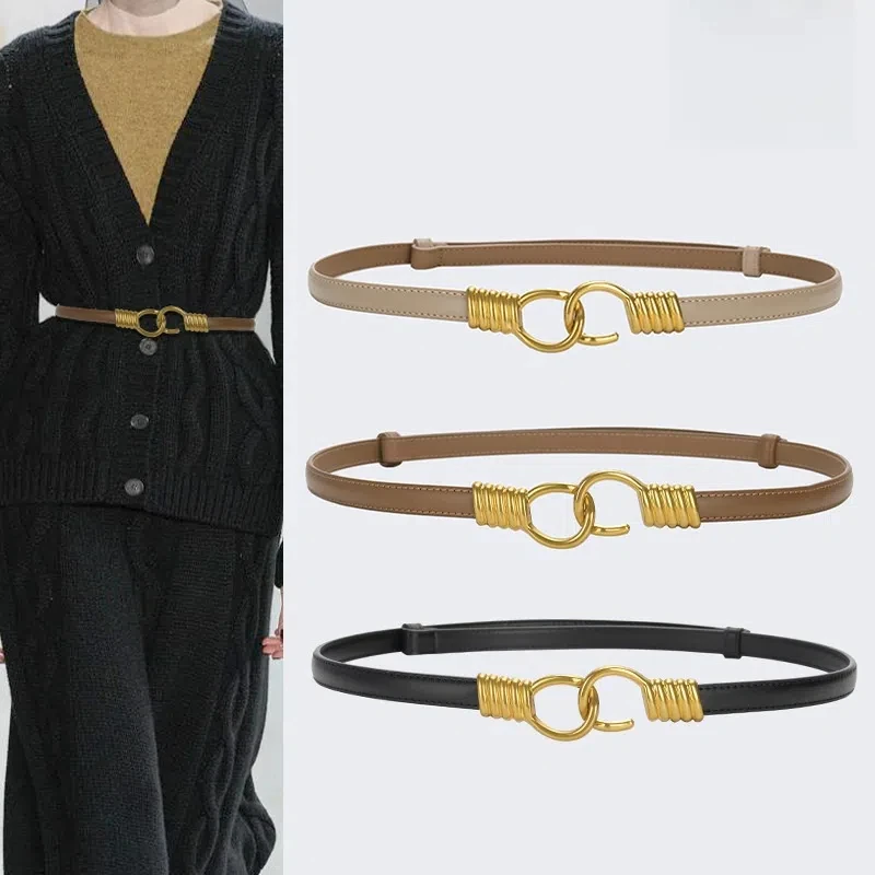 

Кожаный ремень с крючком для женщин, элегантный золотой цвет с пряжкой, тонкий пояс, ремень из натуральной кожи для дам, платье, свитер, пальто