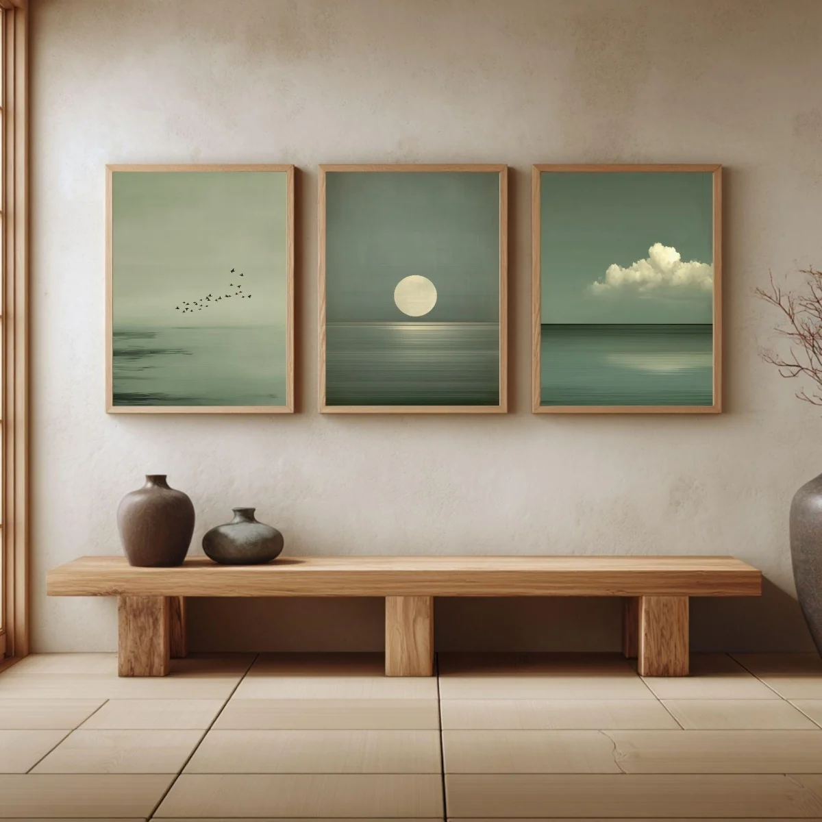 (3PCS Unframe)3pcs/set Japanese Wabi Sabi Sage Green Canvas Prints Poster Japandi Minimalist Zen Art Print Berdroom Wall Art Hom