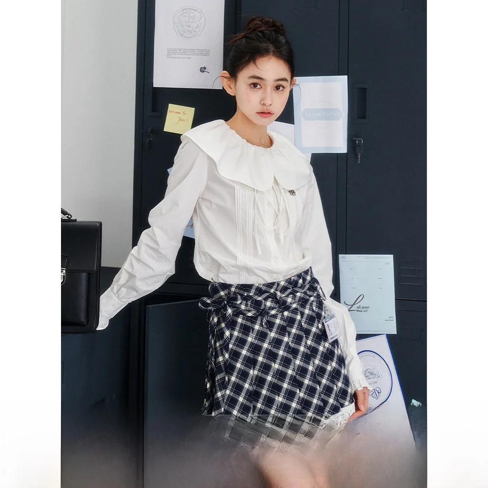 

Retro Sle Loose Cotton irt Women's Puffy Collar Gored Hem Tu Line Long Sve Pure Color Spring Season Faion
