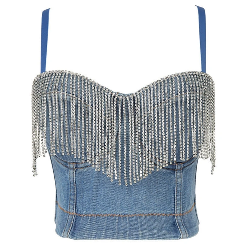 Mulheres sexy cinta espaguete bustier sutiã glitter borla para camisola colete vintage lavado noite clube festa