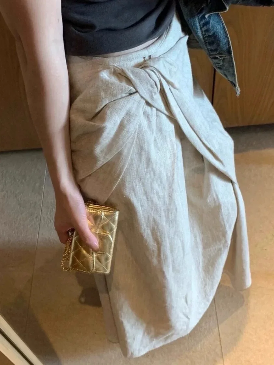 High Waist Asymmetrical Knot Oaeal Linen Skirt Women's Midi Skirt Non-Stand Twist Design Versatile Sle Spring Season