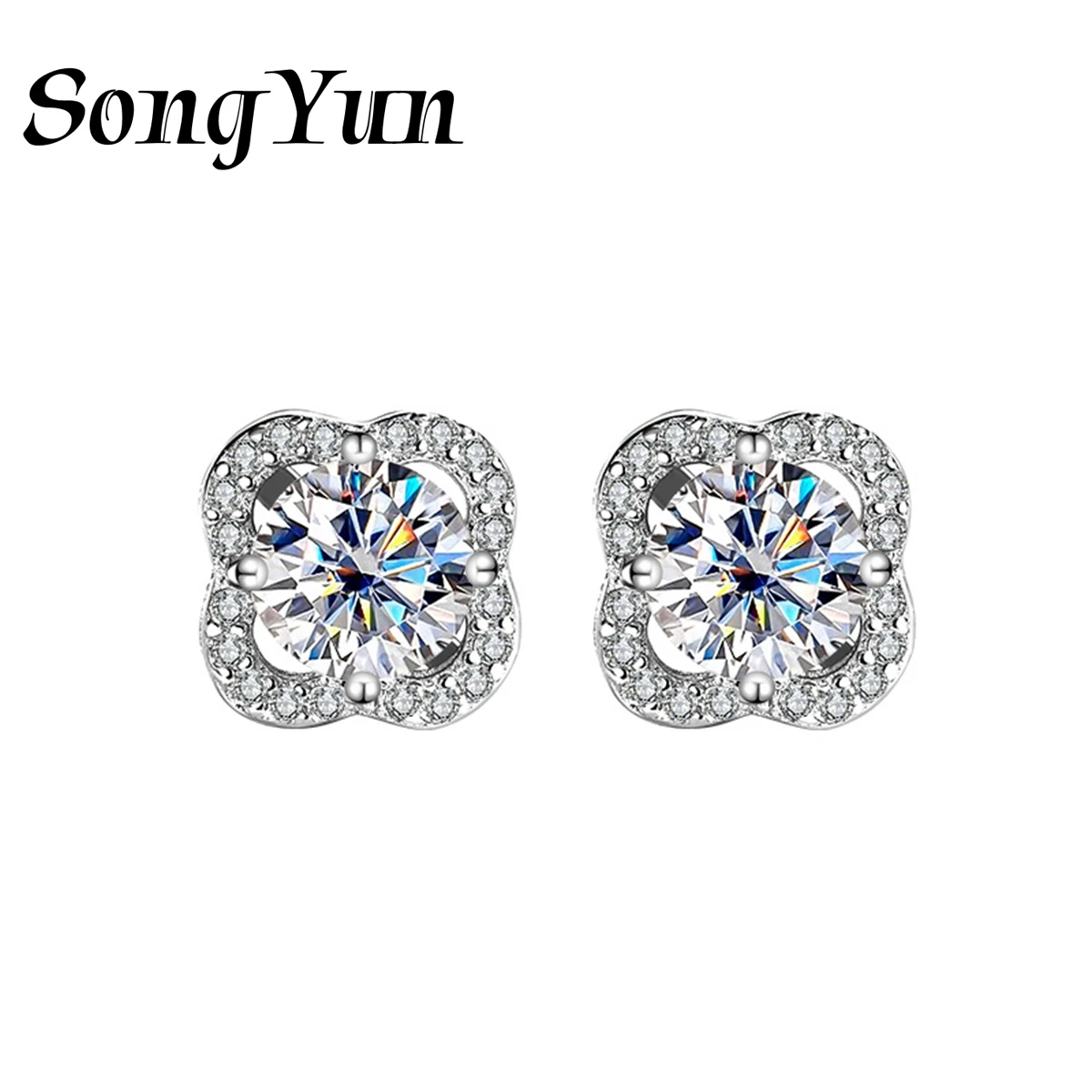 SongYun Brand Jewelry 925 Sterling Silver Stud Earrings Moissanite Diamond Ear Pin Earrings for Women Rhodium GRA Certificate