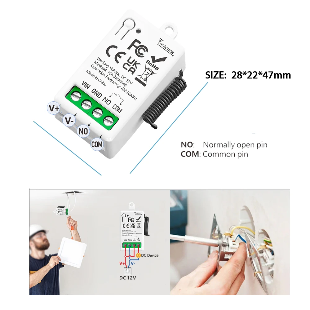 433MHz universal wireless remote control switch DC 12V 1CH 10A mini receiver light LED light garage door electromagnetic lock