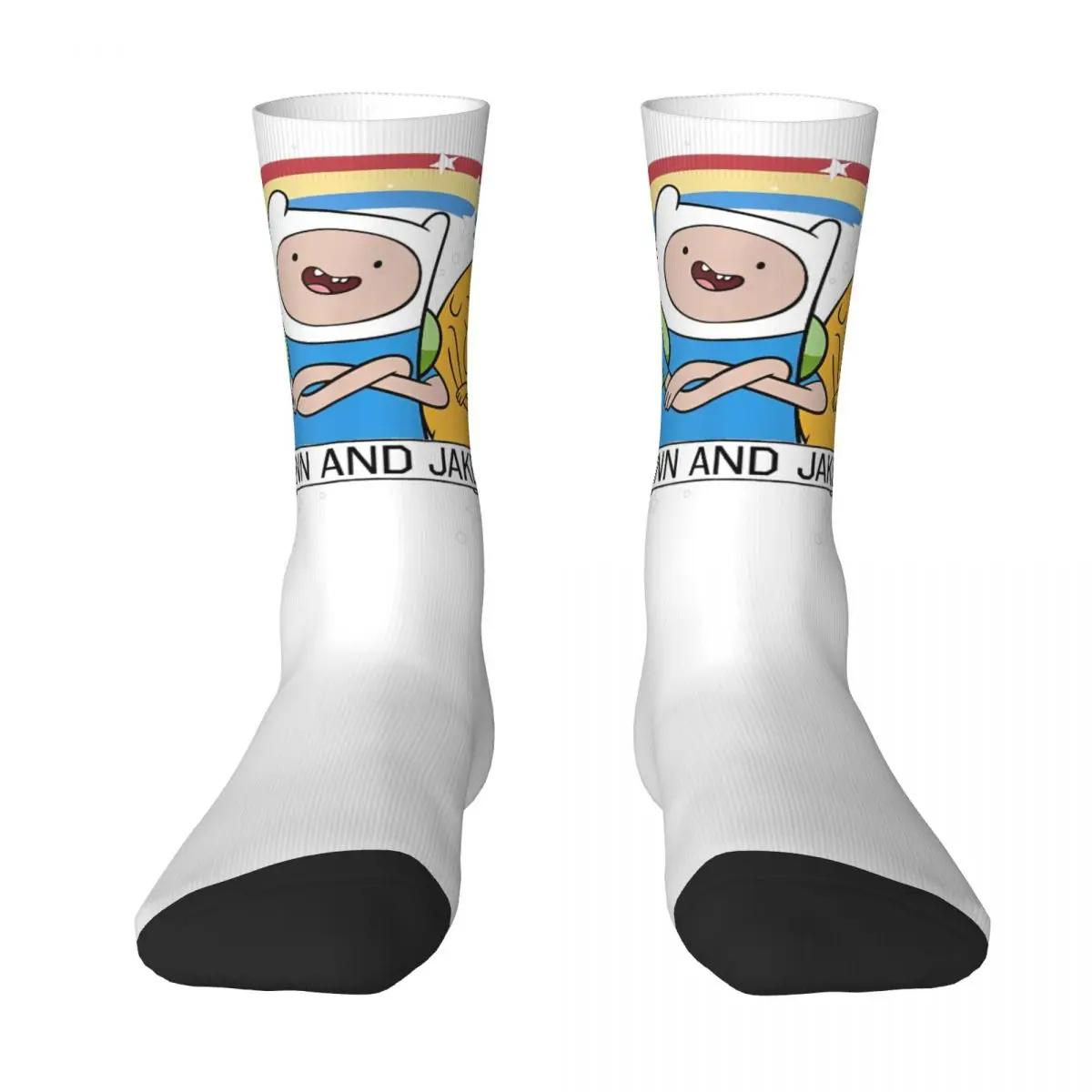 Adventure Time Stockings Finn And Jake Rainbow Stars Portrait Socks Autumn Non-Slip Socks Men's Running Sports Medium Soft Socks