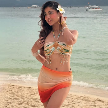 女性用バックレスタッセルトップ,チェストラップ,ビーチ,キャンプ,休暇,手作り,アソートビーズ,不規則な形,セクシー,新しい,2024