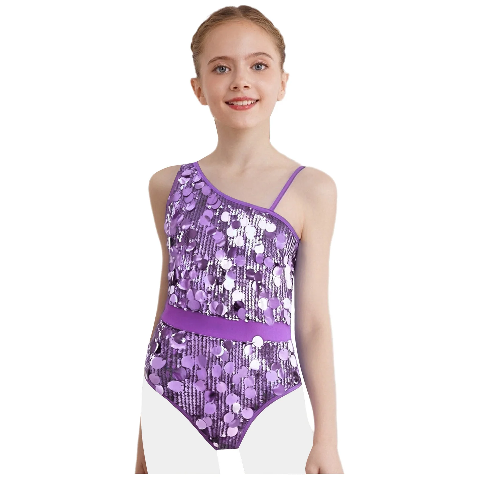 Kids Girls Ballet Jersey Athletic Figure Skating Unitard Jumpsuit Sparkly Sequins Latin Dance Leotard Gymnastic Bodysuit Costume