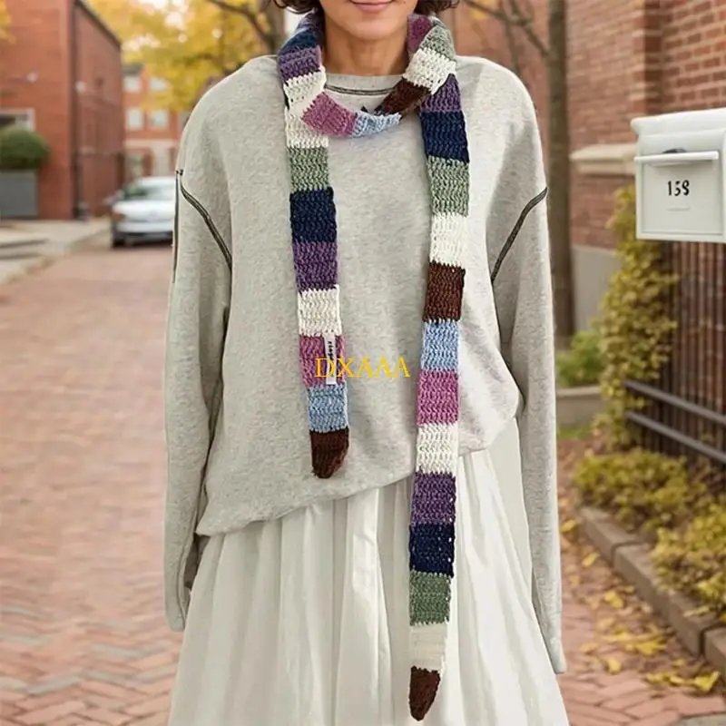 

DXAA Contrast Color Striped Scarf Harajuku Knitted Narrow Women's Scarves Decoration Neck Warmer Long Skinny Neckerchief