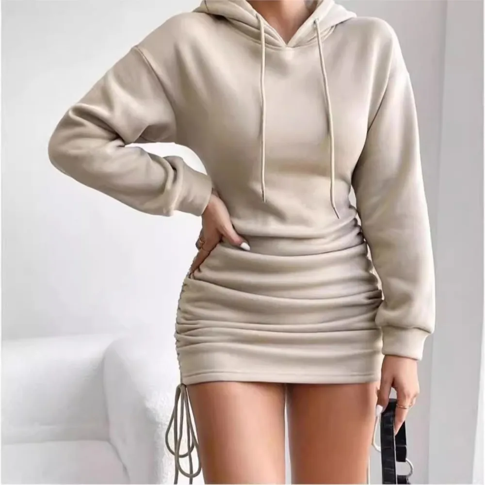 

Drawstring Design Hooded Hip Dress Long-sleeved Sweatshirt Women's New Spring Autumn Sexy Short Dress Vestidos Para Mujer