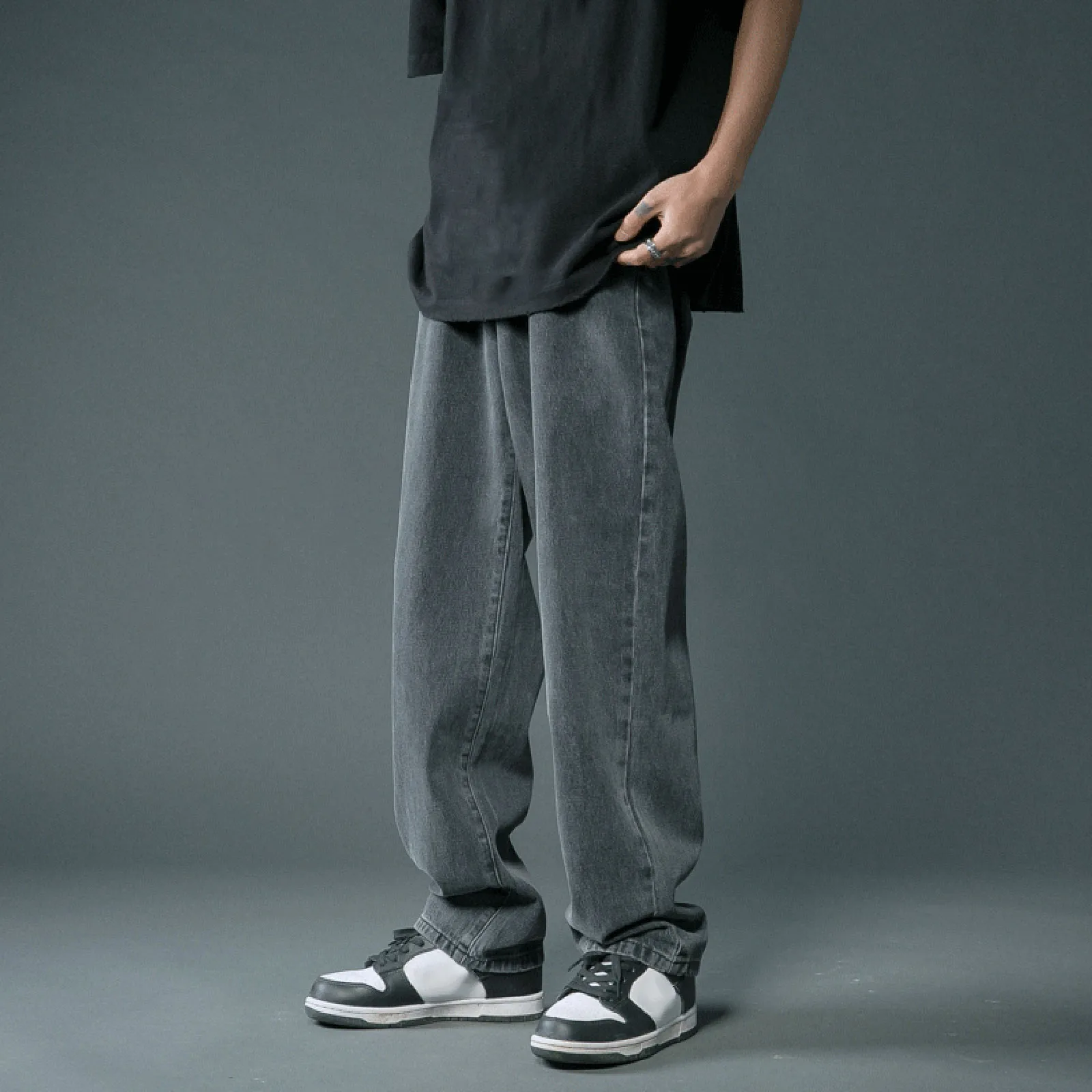 New Autumn Men Denim Wide-leg Pants Korean Style Straight Light Blue Baggy Jeans Elastic Waist Student Trousers Male Black Gray