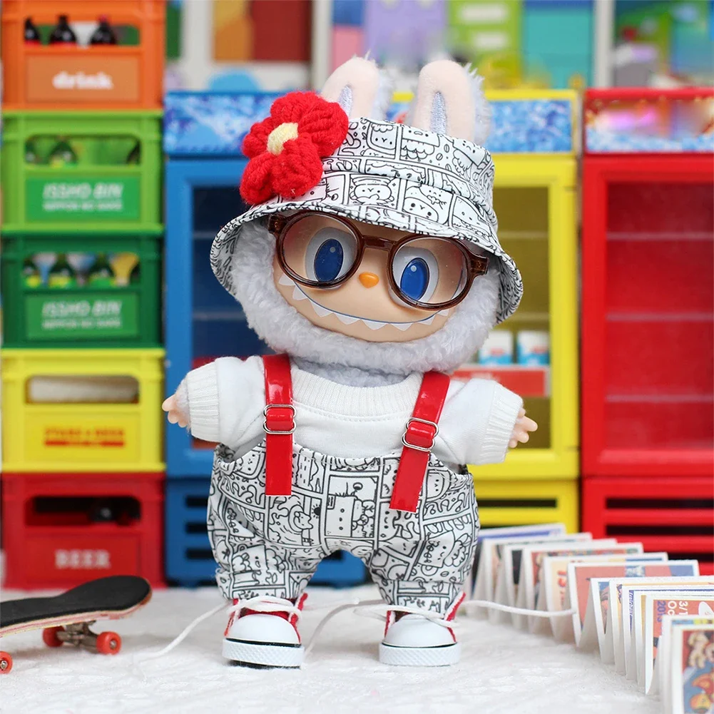 Para 1.a, 2.a y 3.a generación, 17cm, Labubu Tendencia, colgante para ropa, fiesta sentada, Graffiti, pantalones con correa, sombrero para ropa Labubu