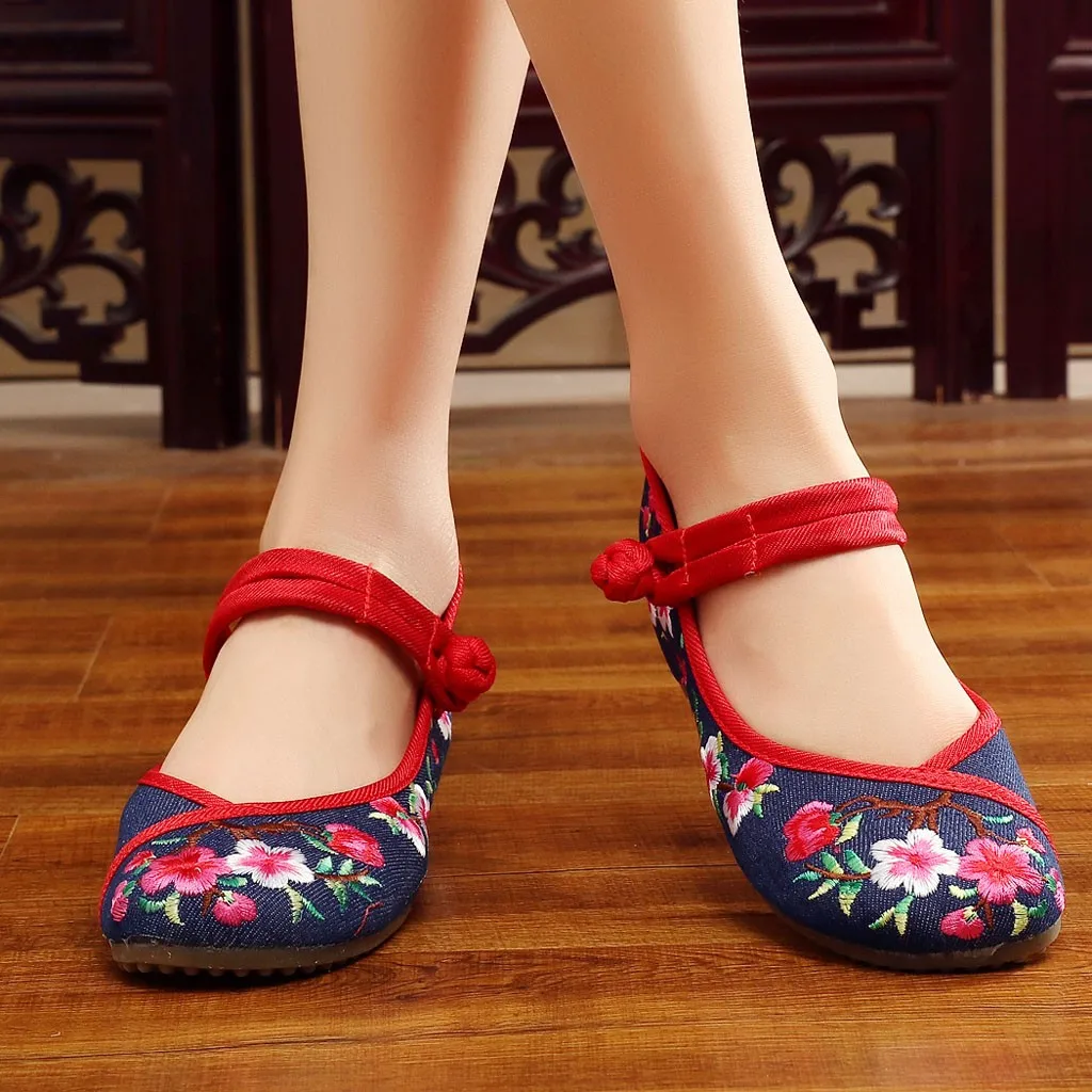 Women Fashion Casual Flat Shoes Women Spring Summer Peach Buckle National Wind Embroidered Cloth Shoes Cute Tennis Shoes Women