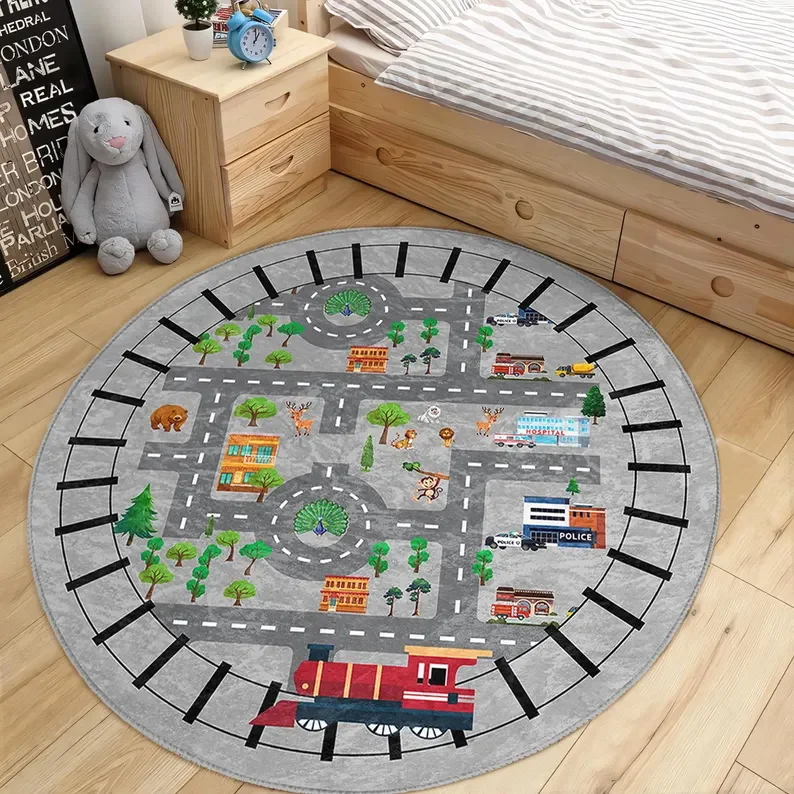 Outdoor Adventure For Toddlers - Roadway Toddler Room Round Rug Gray
