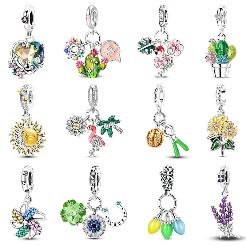 

Fit 3mm 925 Original Bracelets New 925 Sterling Silver Lavender Cactus Sunflower Four Leaf Clover Plant Charms Beads DIY Jewelry