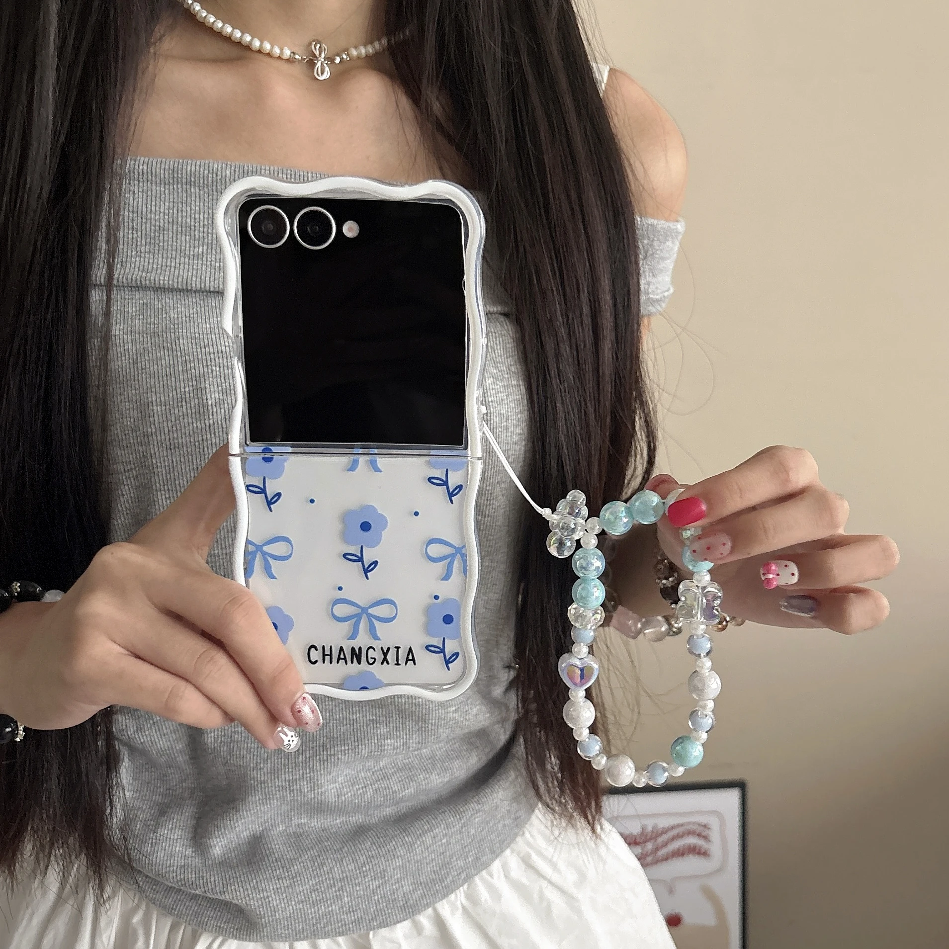 الكورية زهرة القوس قضية الهاتف لسامسونج غالاكسي Z Flip7 6 5 4 3 غطاء مع الحبل موجة غطاء الهاتف ل Z Flip7 Flip6 جراب هاتف