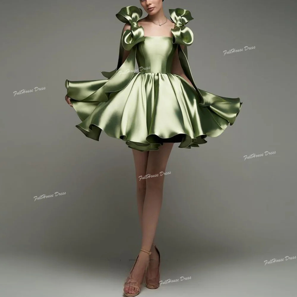 

Customized Classic Spaghetti Straps Pleated Short Mini Puffy A-line Evening Dress Lace up Back Pleated Party Dress with Bow