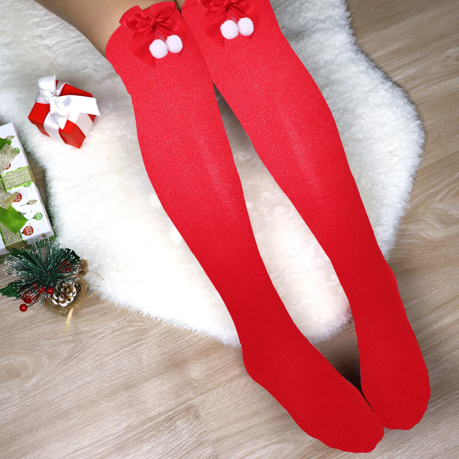 

1Pair Christmas Stockings High Elastic Comfortable Touch Bowknot Decorate Cosplay Costume Party Festival Photography Gift