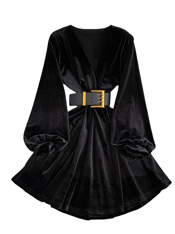 Rétro velours croix v-ne lanterne Sve Dr femmes ceinturée taille mince ort jupe longue Sve a-ligne Dr pour l'automne