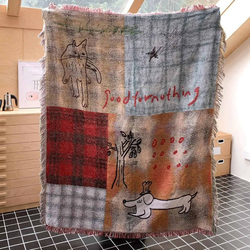 Textile City Retro Patchwork Jacquard Throw Blanket Cute Cat Dog Sketch Tapestry Vintage 