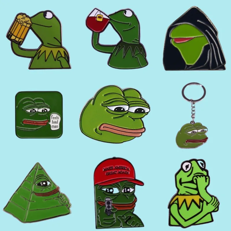 Top Grade Cartoon Pepe Frog Meme Enamel Pin Pyramid Thinking Drink Animal Metal Brooch Badge Jewelry Keychain Gift for Friends