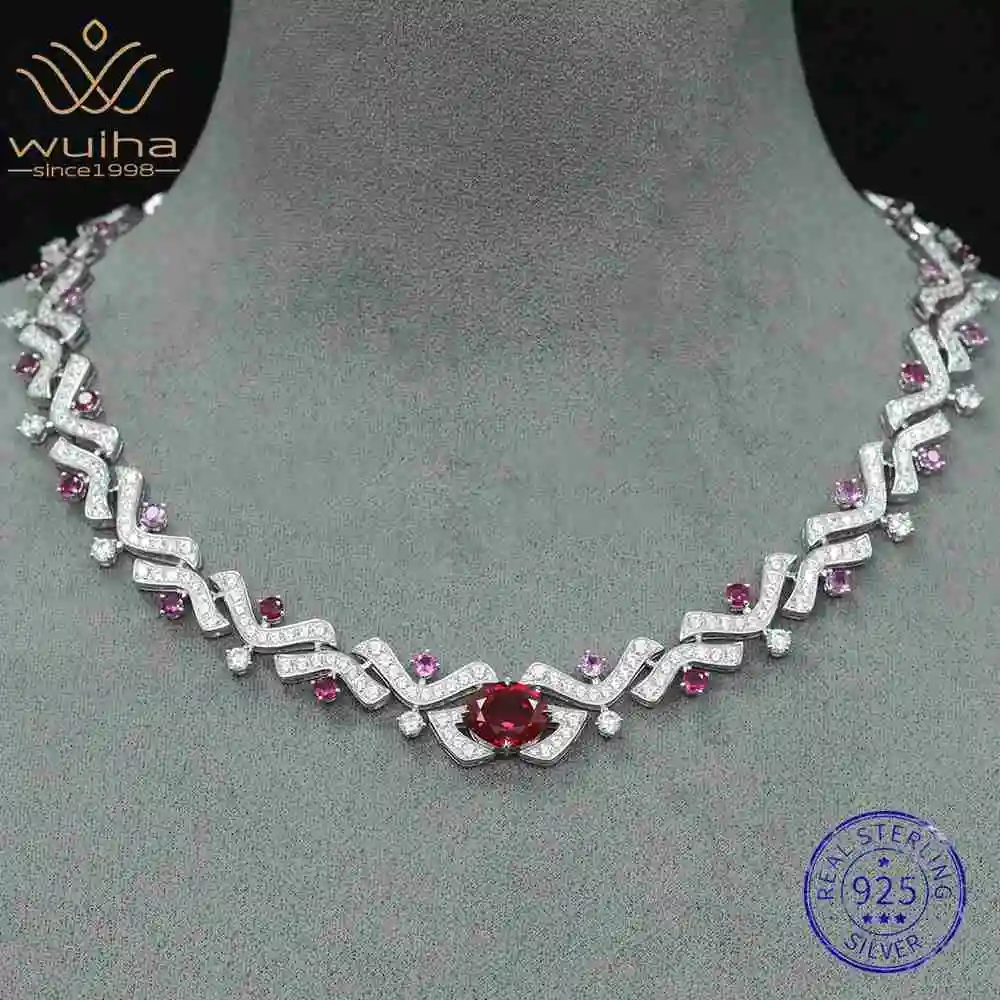 WUIHA Vintage 100% 925 Sterling Silver Sparkling Lab Sapphire Ruby Gemstone Cocktail Necklaces Anniversary Gifts Fine Jewelry