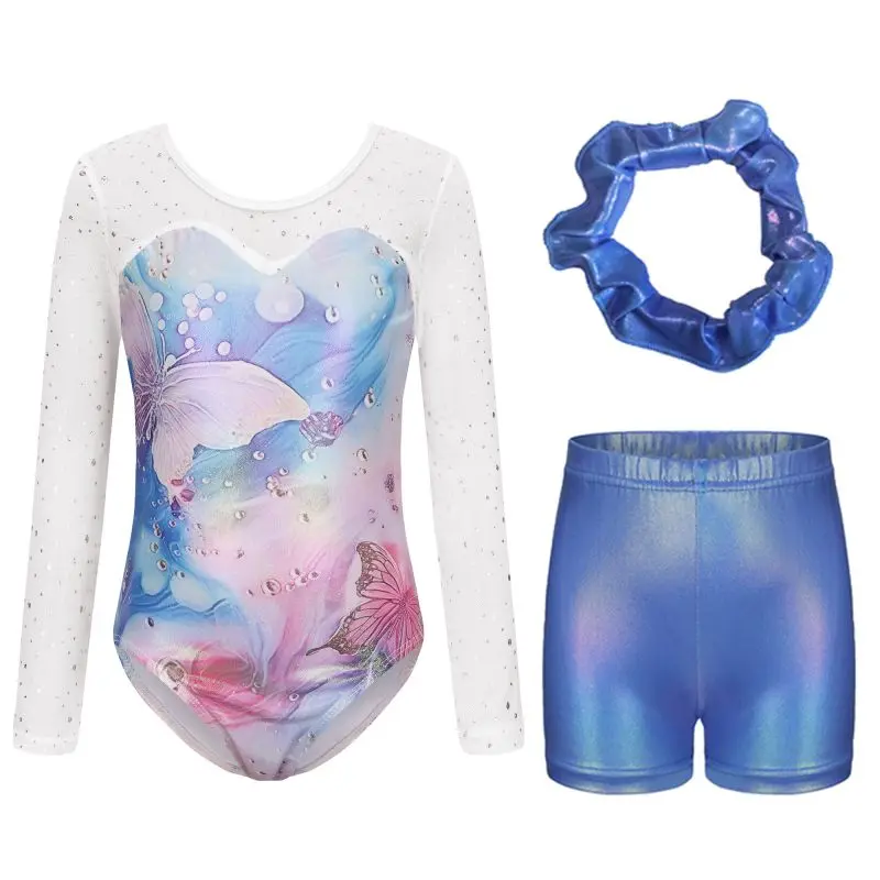 Child Long Sleeve Gymnastics Leotards Butterfly Printed Ballet Dance Outfits with Shorts Hairband Girls Sequin Dancewear 5-12Y