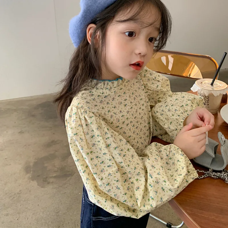 Girls Shirt Floral Stand-up Collar Bubble Sleeve Top Shirt 25 Spring and Autumn New Children's Clothing 3-8 Years Old