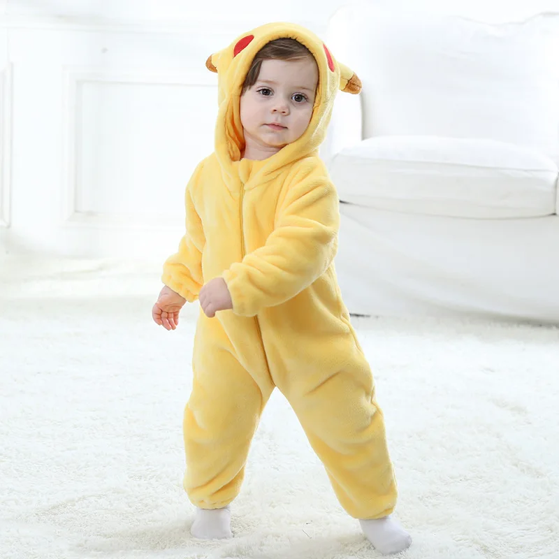 Cartoon Pikachu Shaped Baby Jumpsuit Spring And Autumn Thickened Baby Going Out One-Piece Pikachu Yellow Warm Clothes