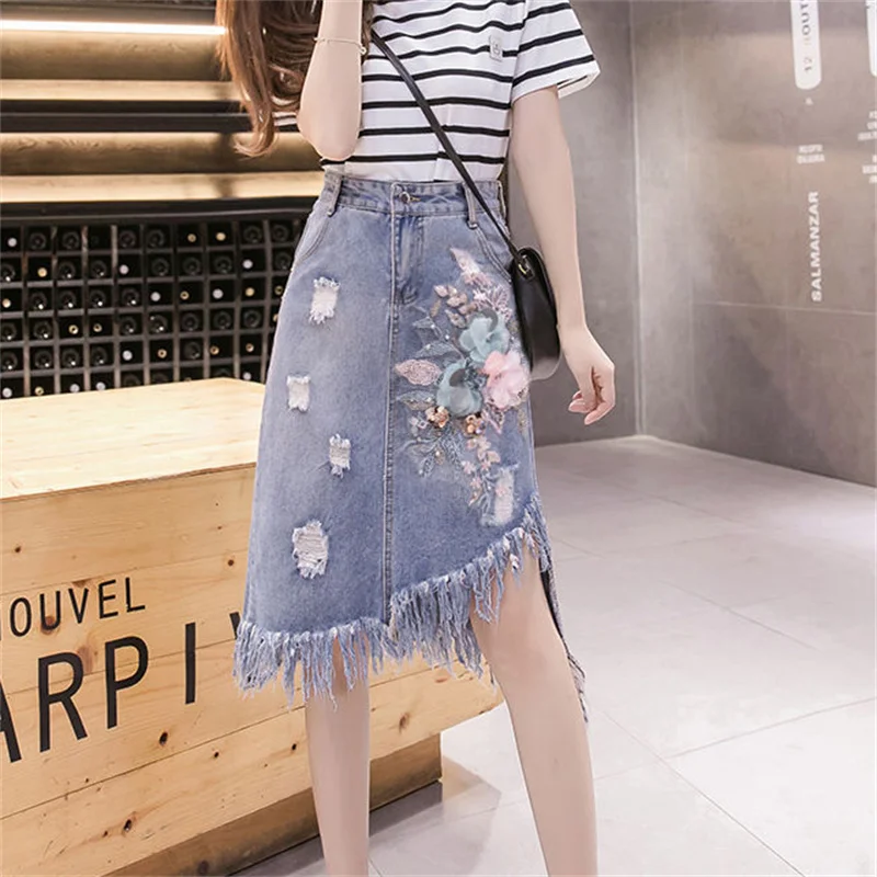 

2024 New,Stylish Spring Summer Denim Skirt,For Women's Clothes,High Waist A-line Embroidery Tassel Asymmetric Jeans Skirts,BC233