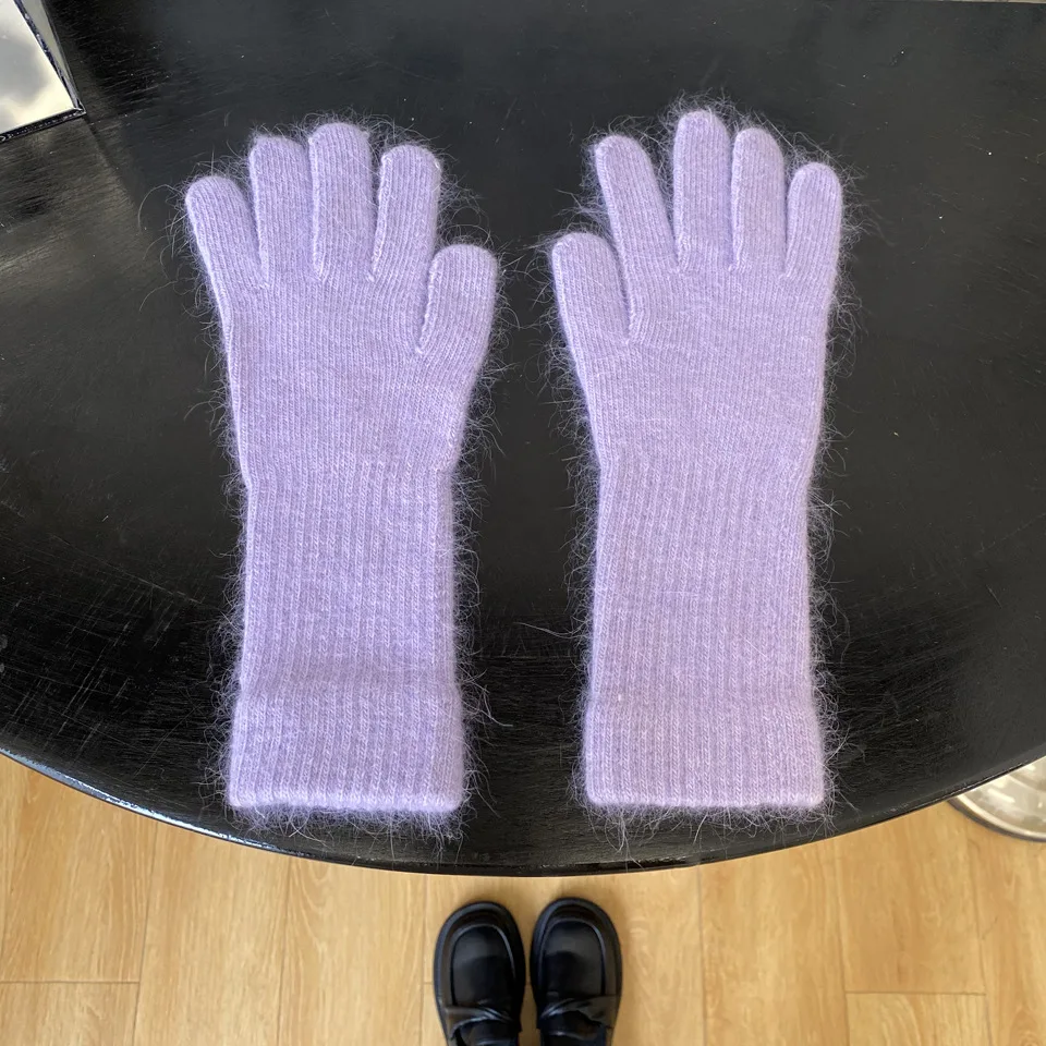 Guantes elásticos de dedos completos para mujer, manoplas largas de lana de conejo, mitones de Color sólido, guantes gruesos y cálidos para